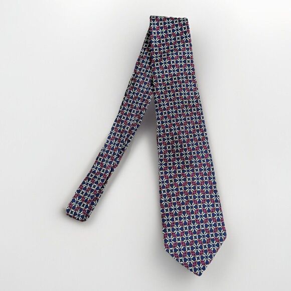 Guccini Mens Silk Italian Neck Tie Red Navy Tan Geometric Pattern Corp Preppy - Picture 1 of 5